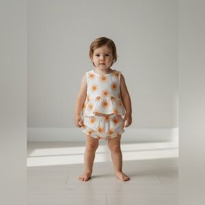 Baby girl muslin fabric 3-6 Mo set shorts/sleeveless dress whiteorange daisy/sun
